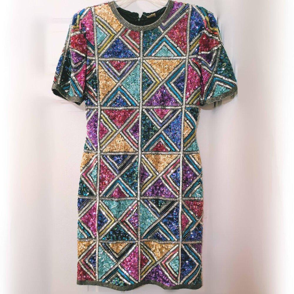 vintage 80s geometric sequin shift dress M